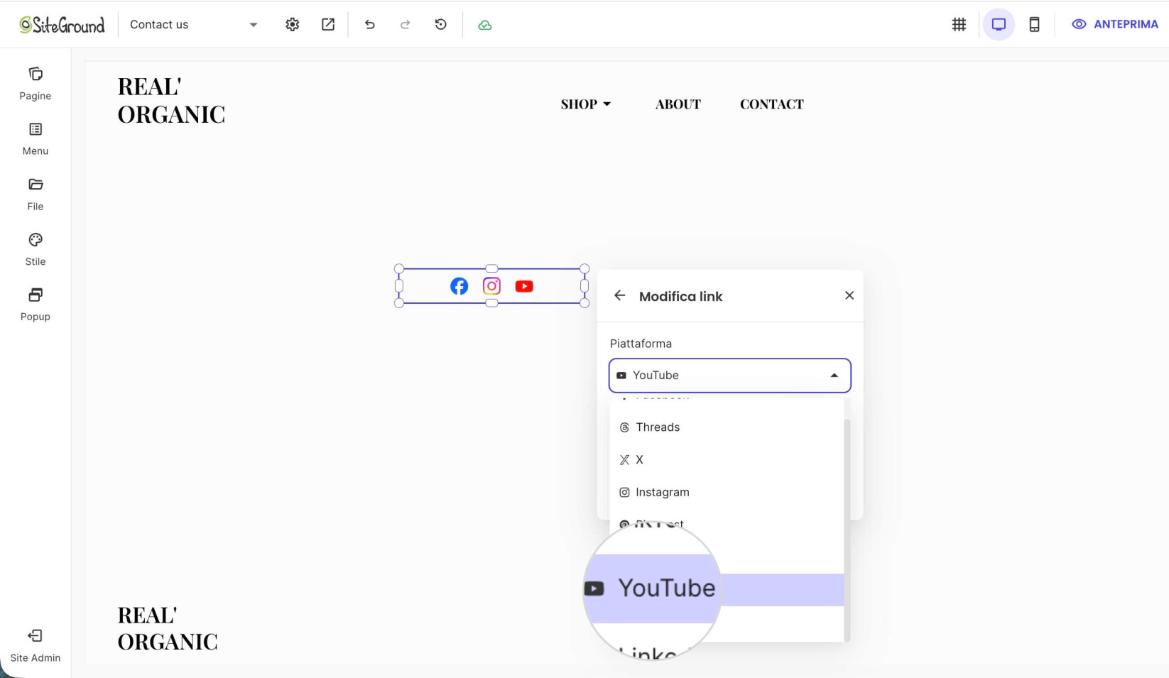 Menu Piattaforma per selezionare il tipo di social media per un'icona social all'interno di un componente in Website Builder