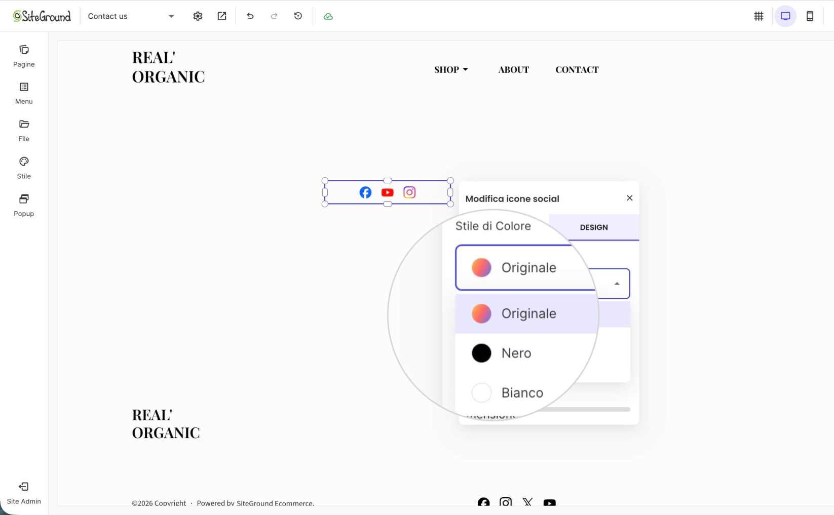 Opzioni di modifica per un componente Icone Social in Website Builder che visualizza le opzioni Stile colore per le icone