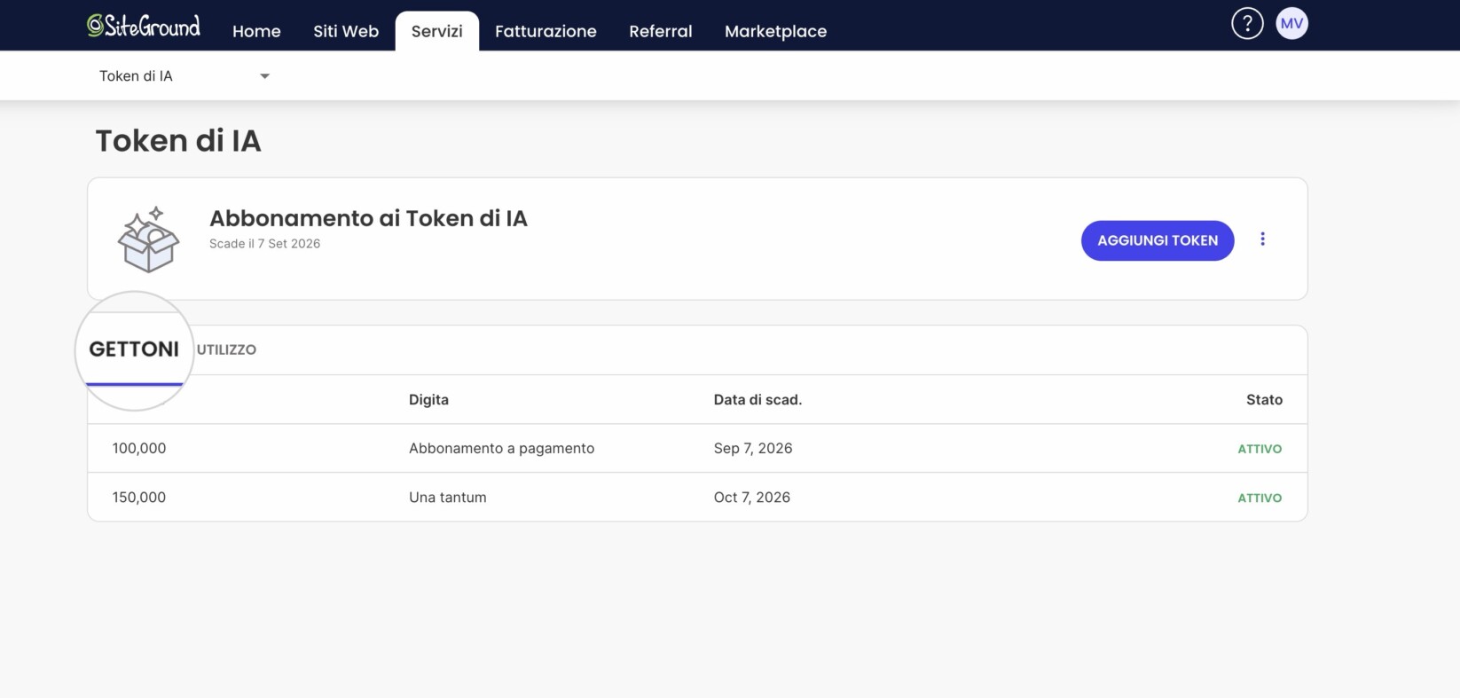 Nella scheda Token vedrai elencati il tuo piano di token IA e gli eventuali token aggiuntivi una tantum attualmente attivi, insieme alle relative date di scadenza.