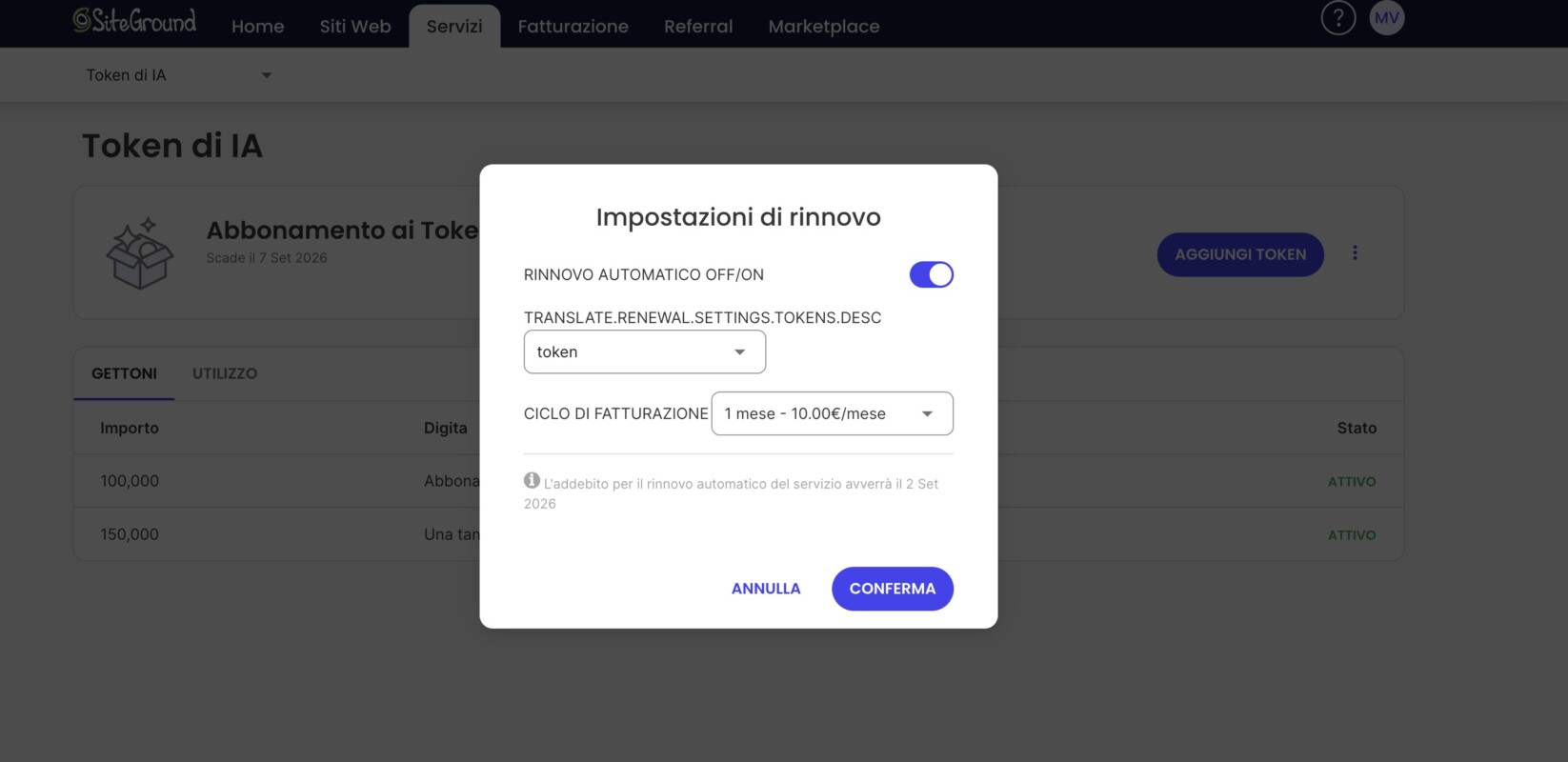Token di IA impostazioni rinnovo