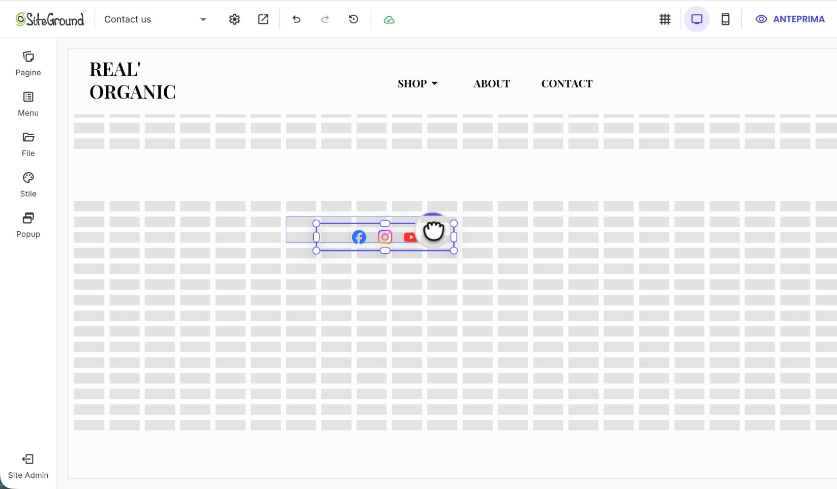 Visualizzazione in modalità griglia di una sezione di pagina in Website Builder dove è possibile trascinare e rilasciare un componente