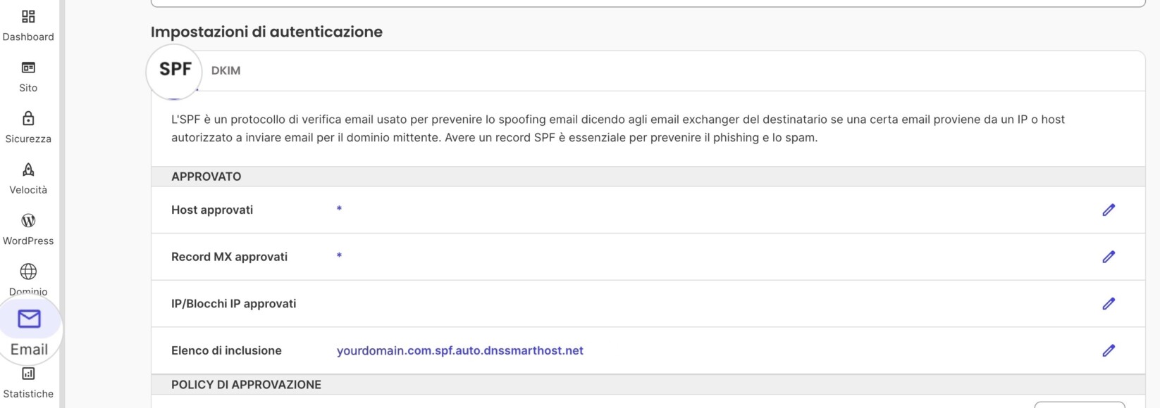 Pagina Autenticazione email di Site Tools di SiteGround, scheda SPF, con host approvati, record MX approvati ed elenco di inclusione dnssmarthost.net
