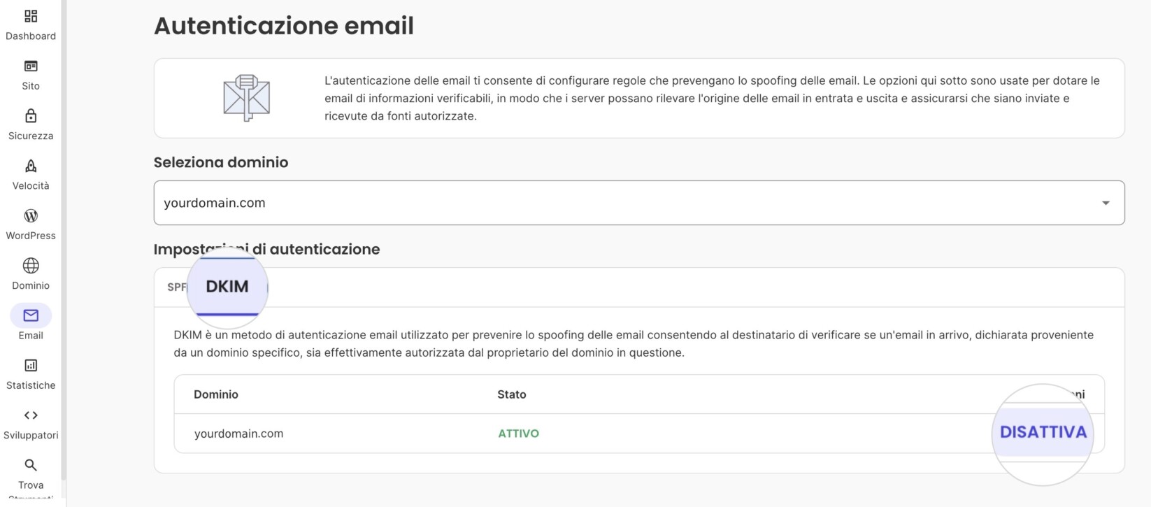 Scheda DKIM in Autenticazione email di SiteGround con il dominio yourdomain.com in stato Attivo e il pulsante Disattiva