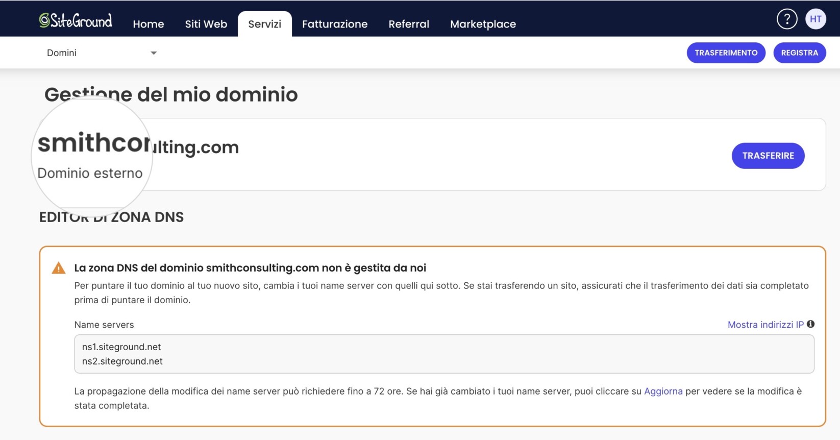 Pagina Gestione del mio dominio di SiteGround che avvisa che la zona DNS di smithconsulting.com non è gestita da SiteGround, con i name server ns1 e ns2.siteground.net