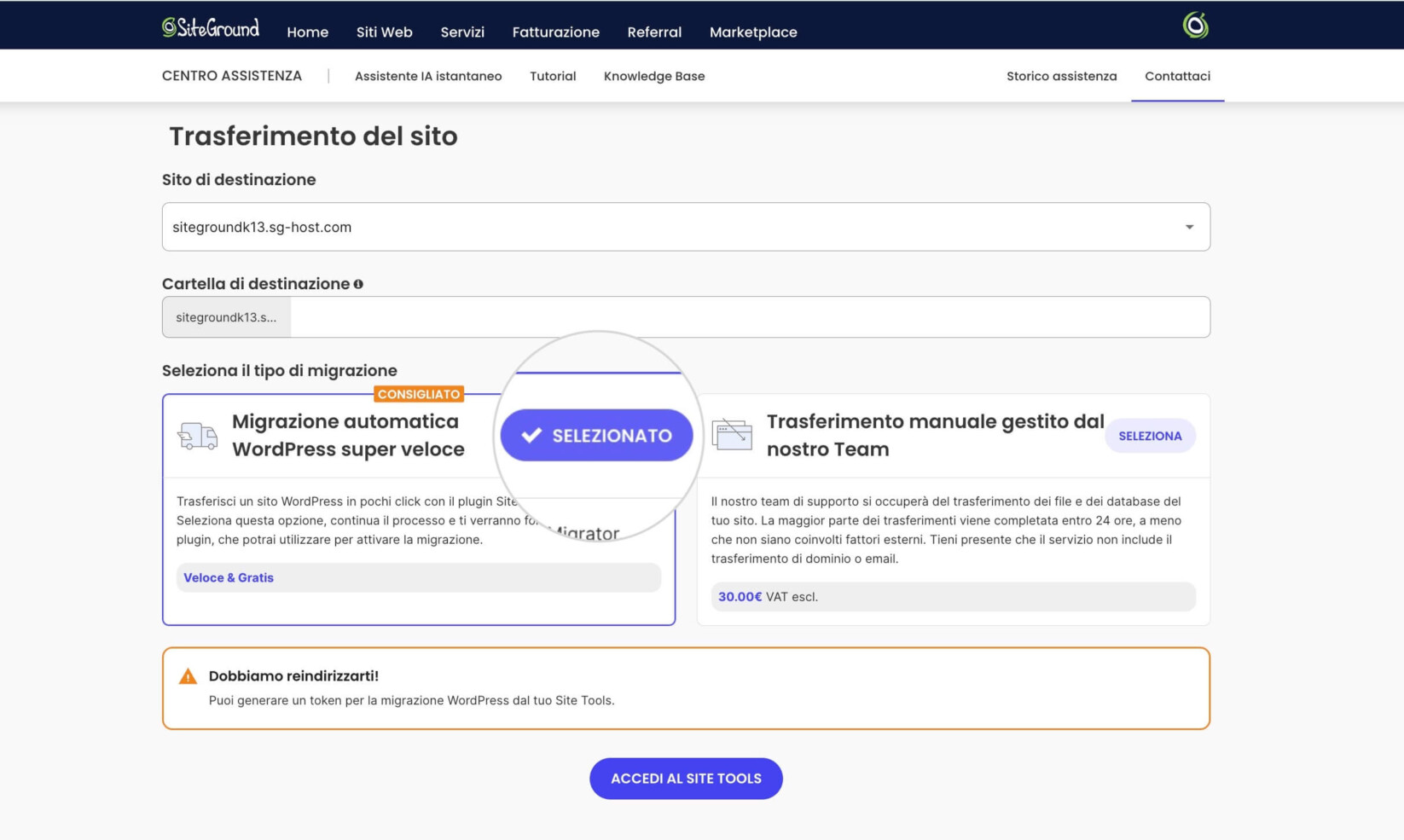 Procedura guidata di configurazione del sito web che mostra le opzioni per il trasferimento di un sito esistente con il WordPress Migrator selezionato