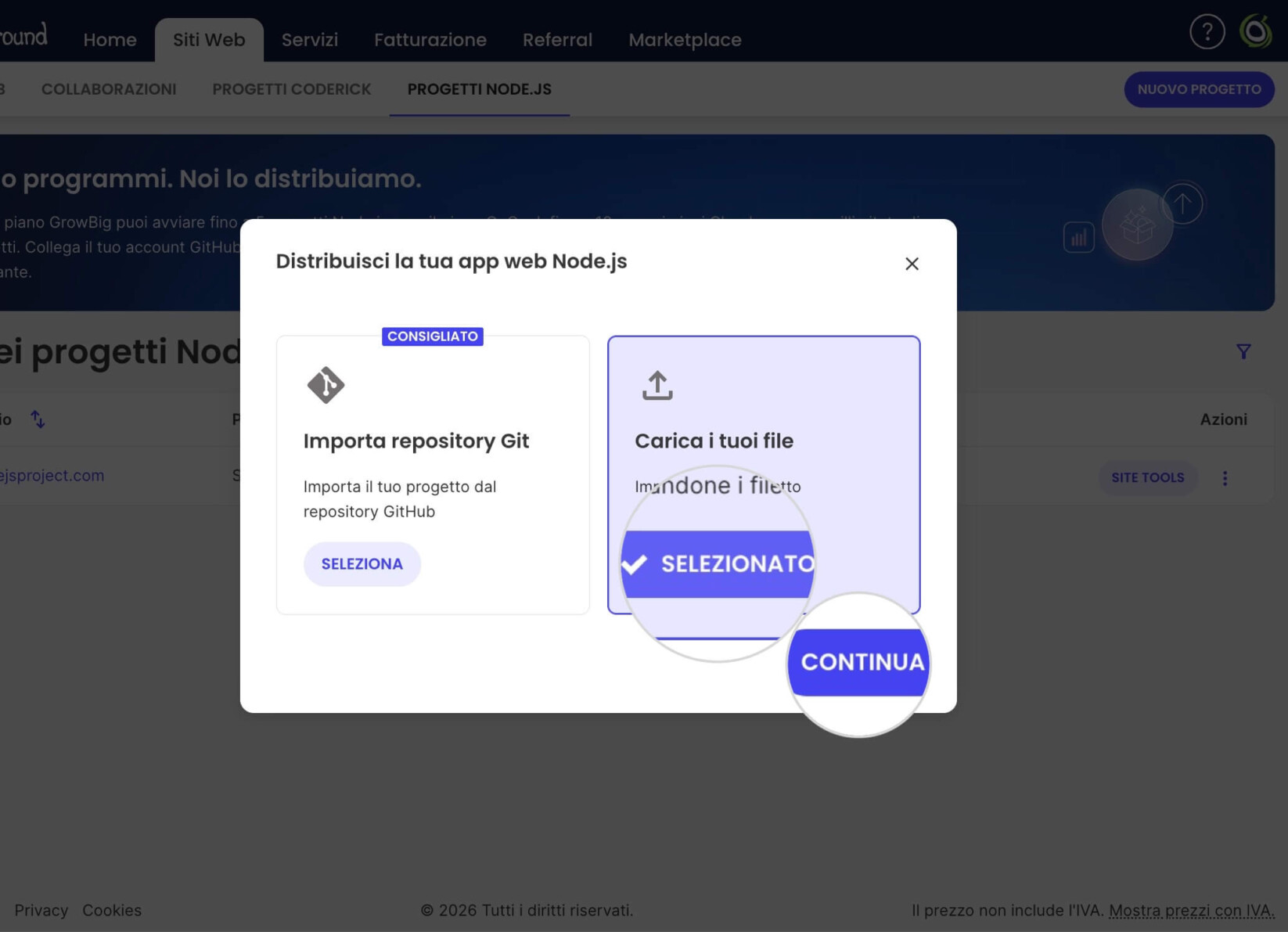 Prima pagina dell'installazione guidata per un nuovo progetto Node.js che presenta le due opzioni: Importa repository GitHub e Carica i tuoi file