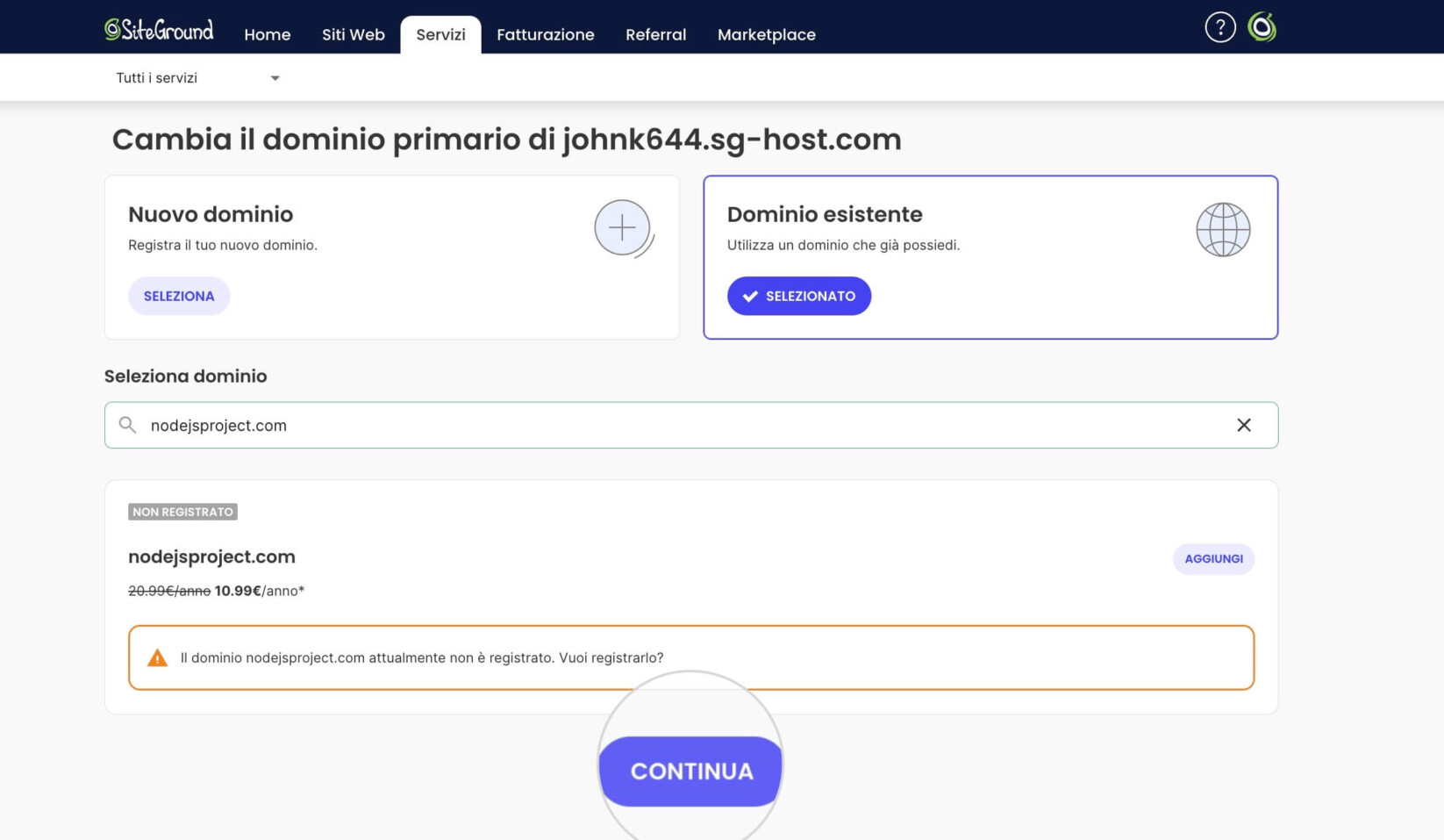 Pagina di riepilogo della procedura guidata per cambiare il dominio del progetto Node.js con il pulsante Continua evidenziato per avviare il processo