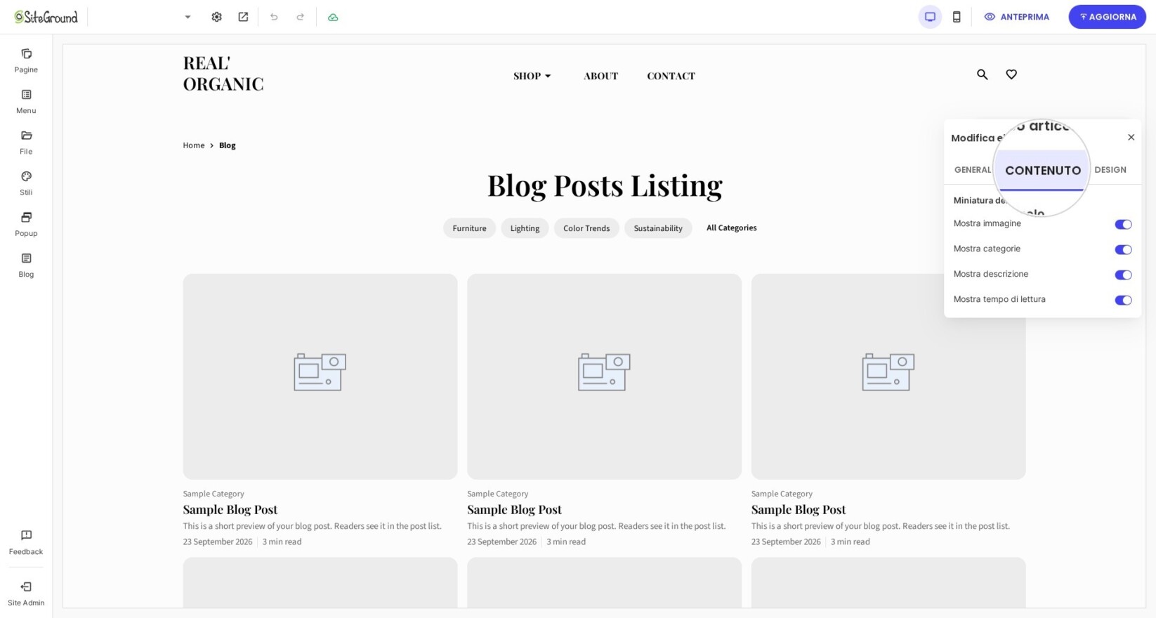 Dal menu pop-over puoi apportare modifiche a CONTENUTO