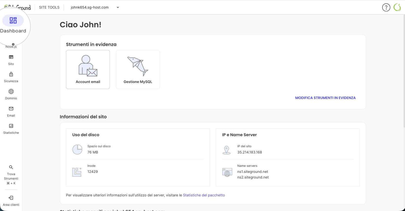 Pagina Dashboard di Site Tools di un progetto Node.js