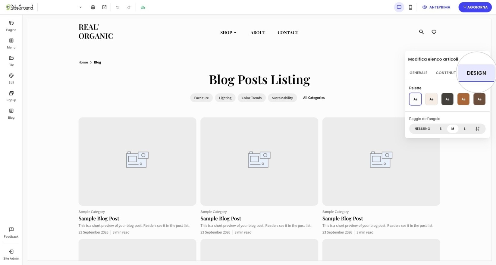 Dal menu pop-over puoi apportare modifiche a DESIGN