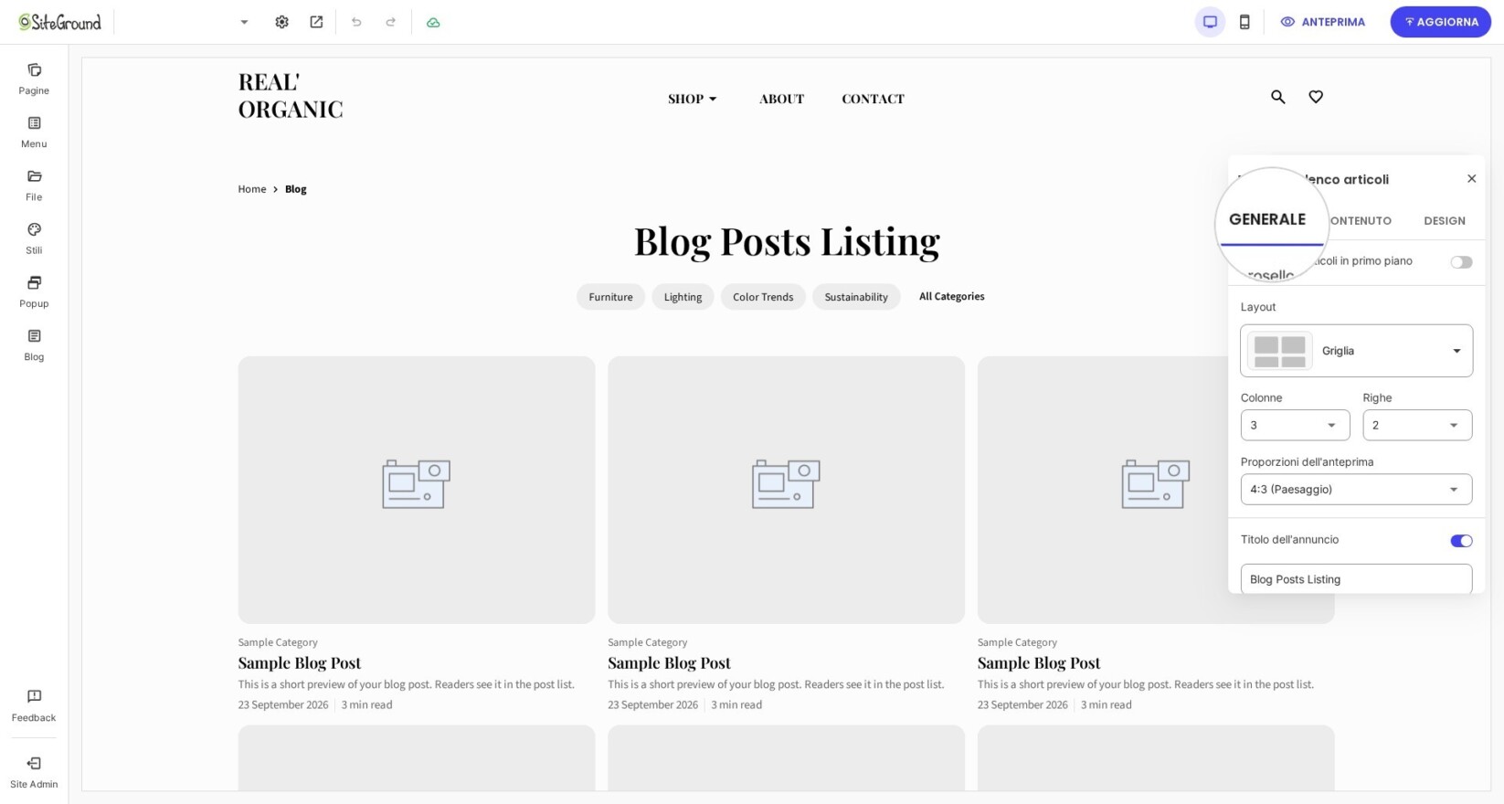 Dal menu pop-over puoi apportare modifiche a GENERALE