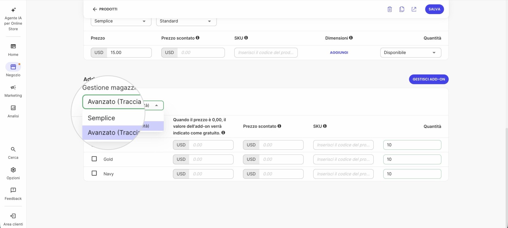 puoi applicare ulteriori impostazioni di gestione delle rimanenze degli add-on per ogni articolo