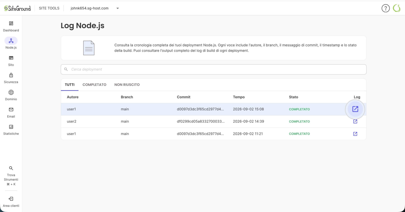 Pagina dei log della sezione Node.js nei Site Tools di Node.js con un'icona dei log evidenziata che apre i log dettagliati
