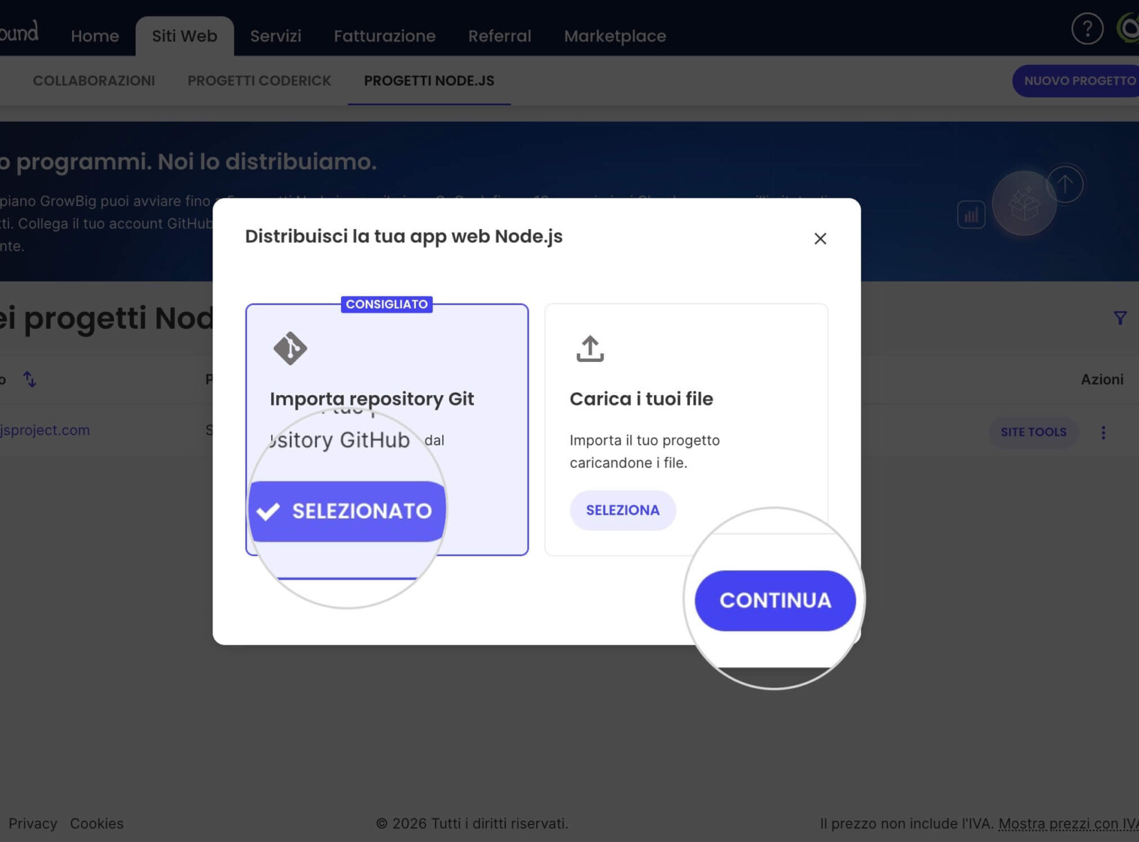 Prima pagina dell'installazione guidata per un nuovo progetto Node.js che presenta le due opzioni: Importa repository GitHub e Carica i tuoi file
