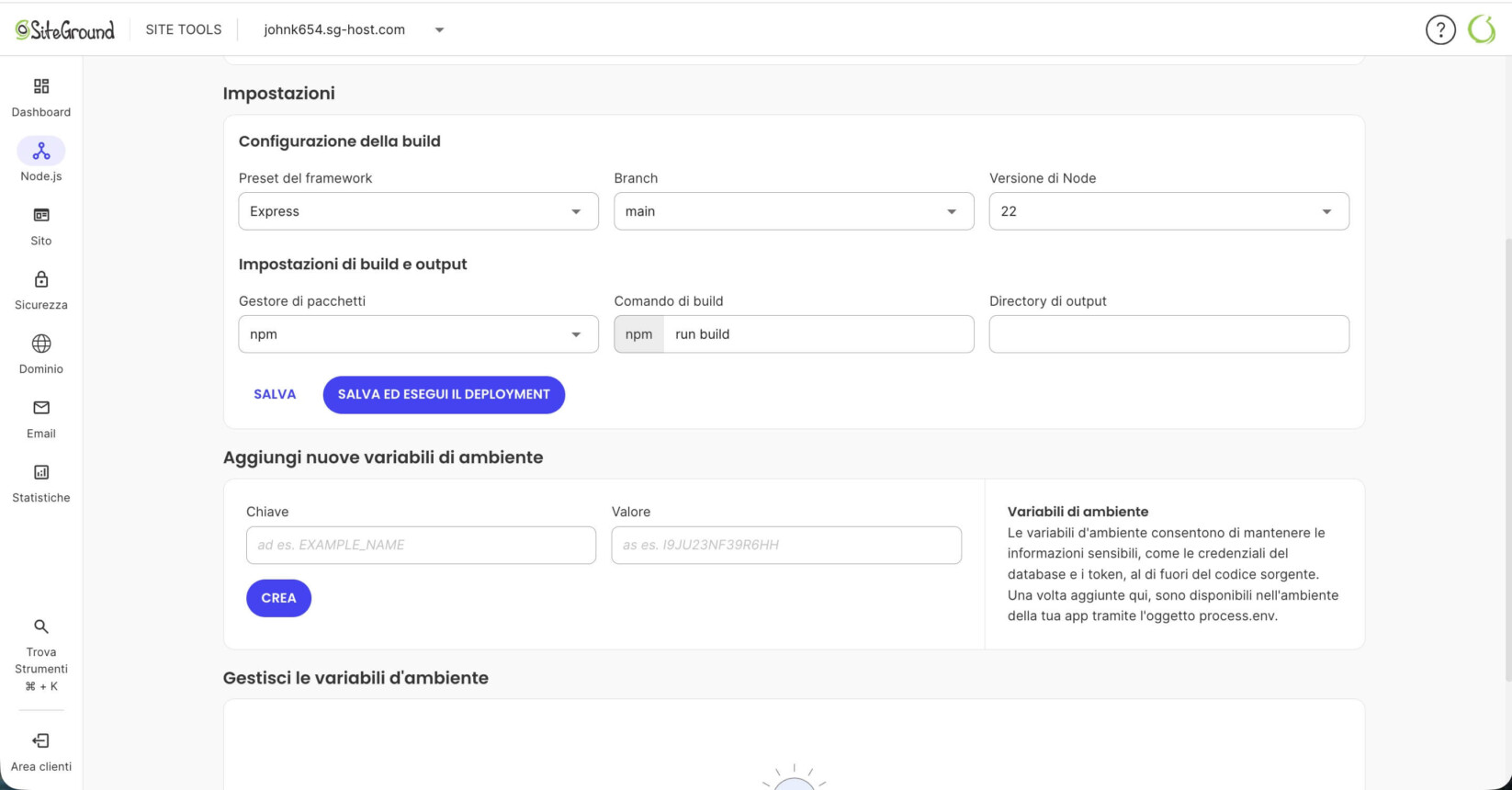Sezione Impostazioni della pagina delle opzioni di distribuzione nei Site Tools di Node.js
