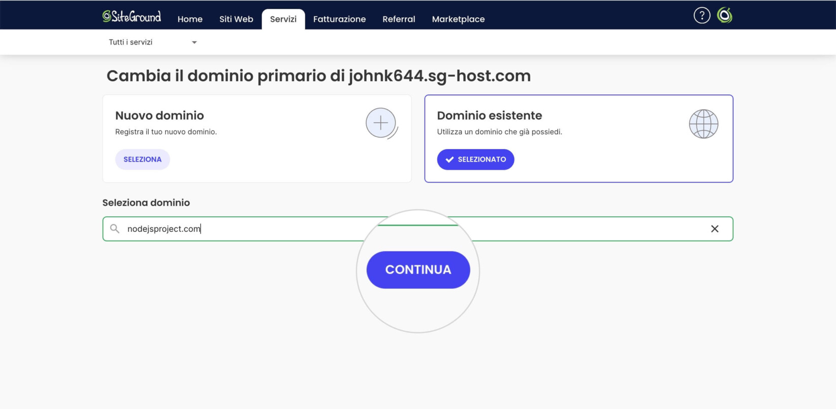 Procedura guidata per cambiare il dominio di un progetto Node.js. Le opzioni visualizzate sono per scegliere un nuovo dominio o un dominio esistente e un campo di testo per digitare il nome del dominio