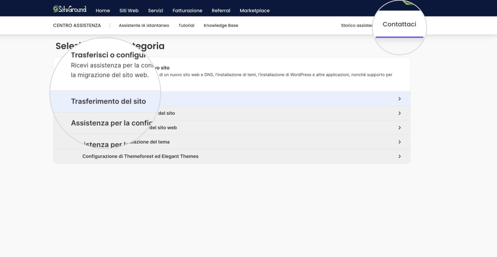 Menu dell'help desk nell'Area Cliente di SiteGround con le opzioni per il trasferimento di un sito web
