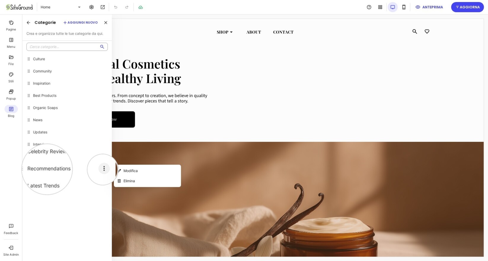 modificare ed eliminare categorie del blog esistenti