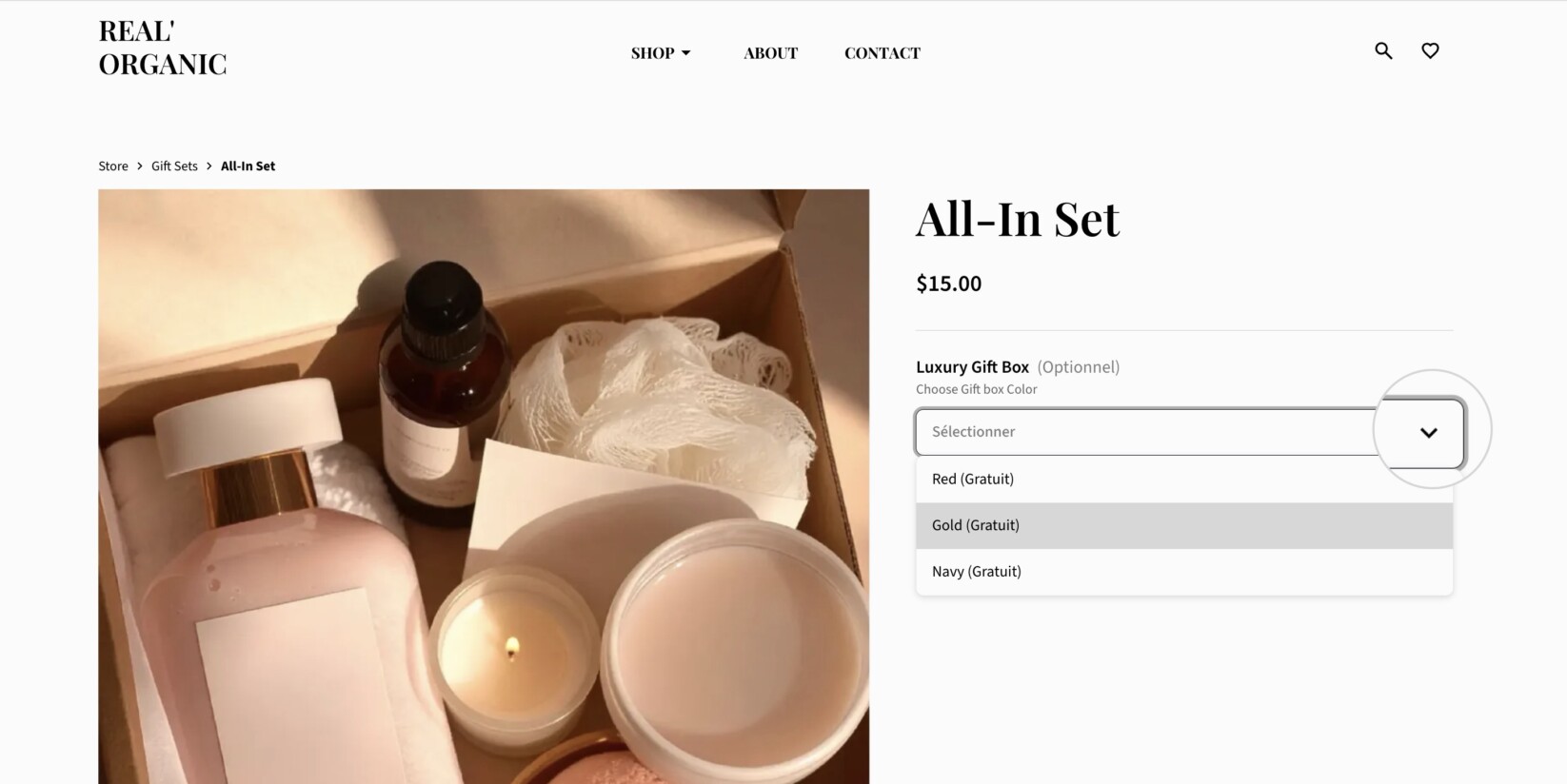 Ecco un'anteprima dell’add-on del prodotto Confezione Regalo di Lusso e di come i tuoi clienti lo vedranno nel tuo negozio online