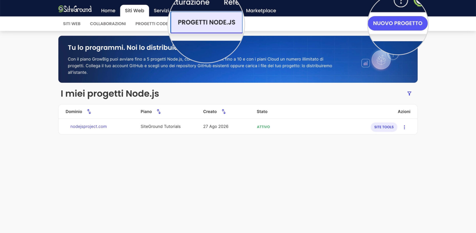 Pagina dei progetti Node.js nell'Area Cliente di SiteGround con il pulsante Nuovo Progetto evidenziato