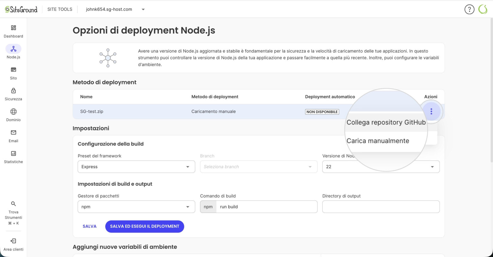 Opzioni di distribuzione in Site Tools di Node.js che mostrano le opzioni del metodo di distribuzione per un'applicazione caricata manualmente