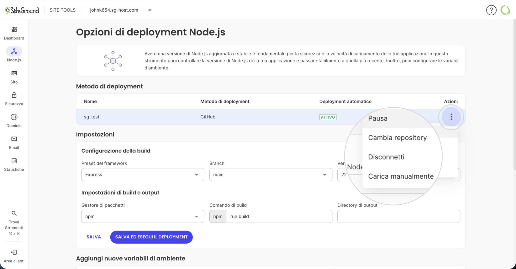 Opzioni di distribuzione in Site Tools di Node.js che mostrano le opzioni del metodo di distribuzione per un'applicazione importata da un repository GitHub