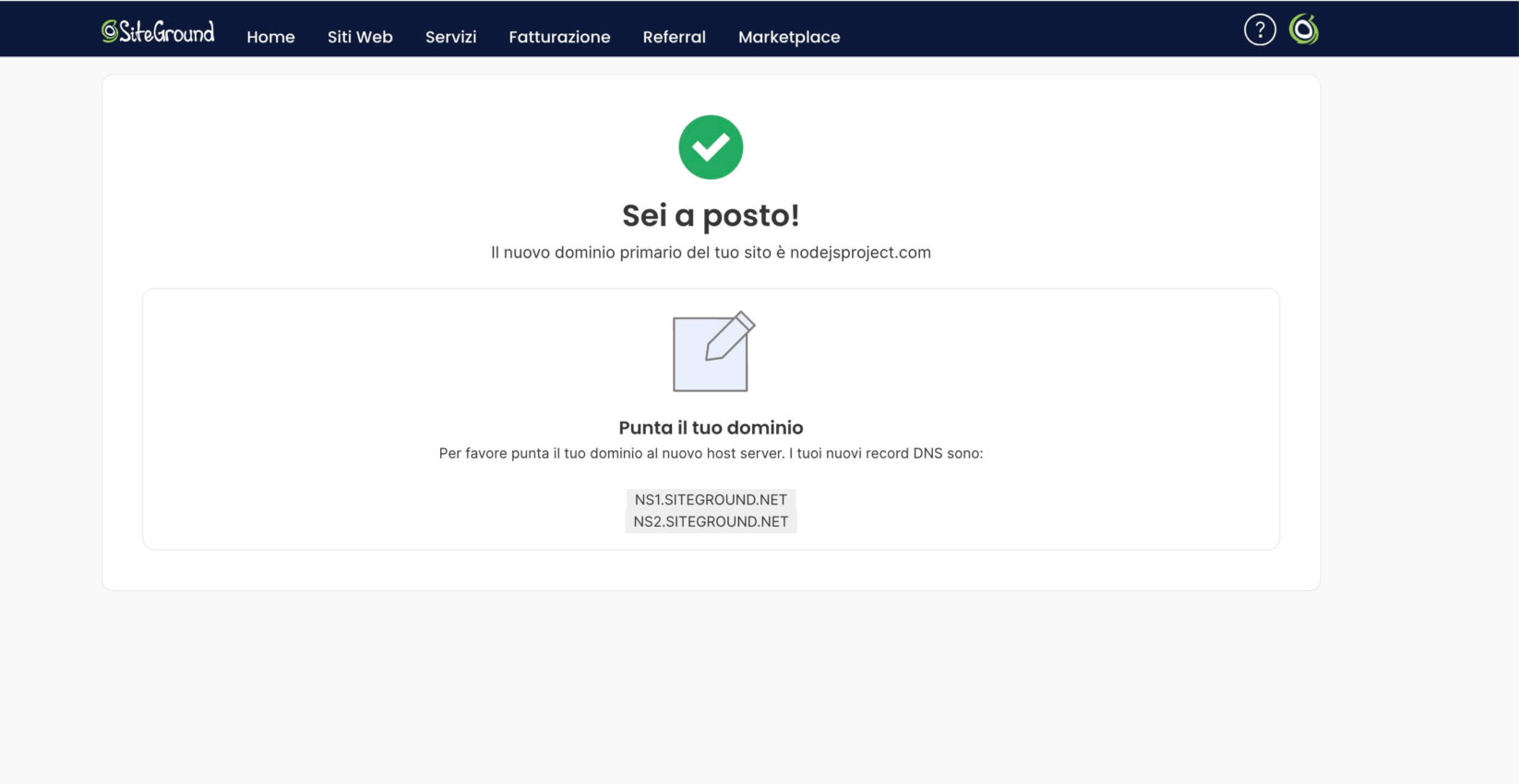 Schermata del messaggio di successo per il cambio del dominio di un progetto Node.js che mostra i nameserver del sito web