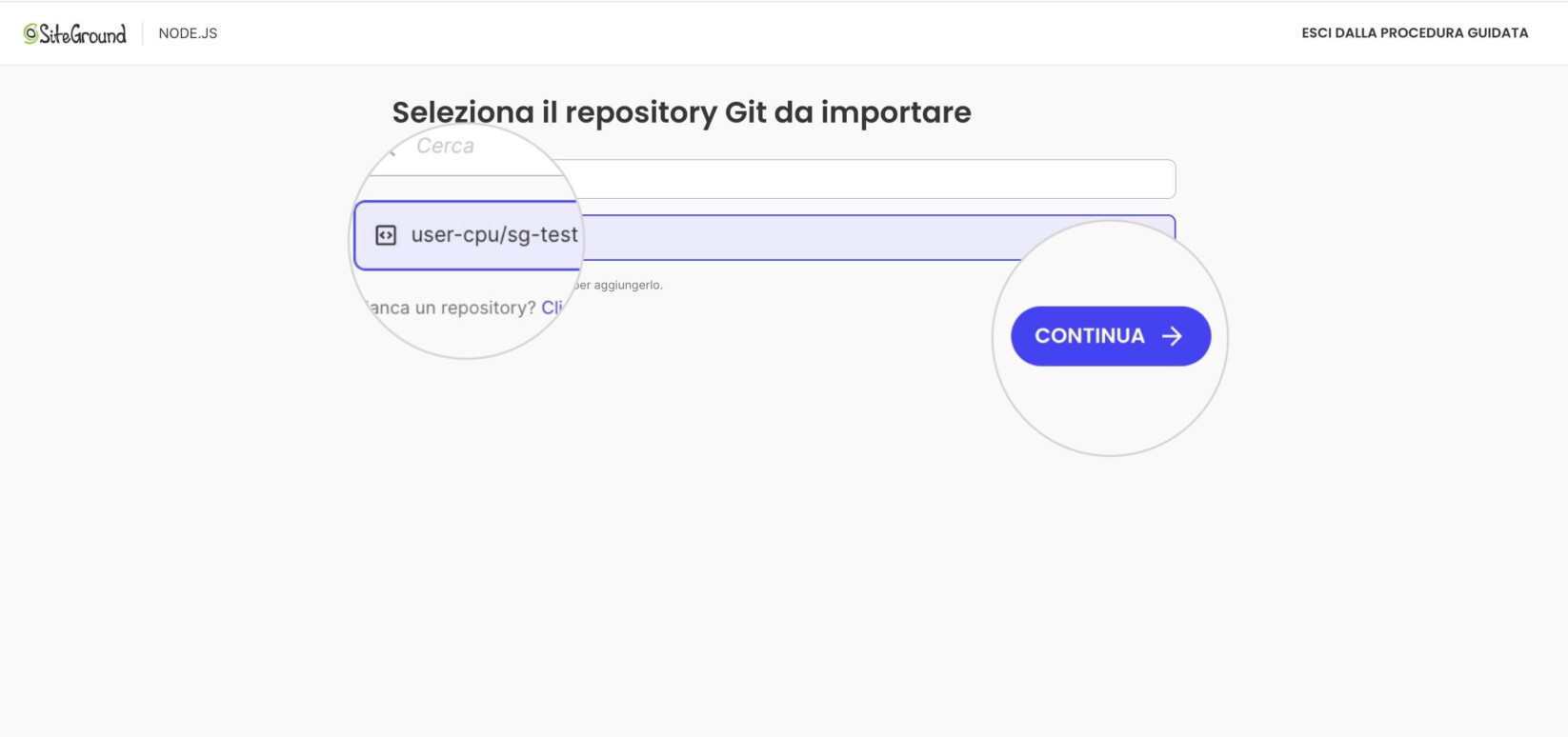 Una pagina dell'installazione guidata per un nuovo progetto Node.js che mostra i repository rilevati in un account GitHub