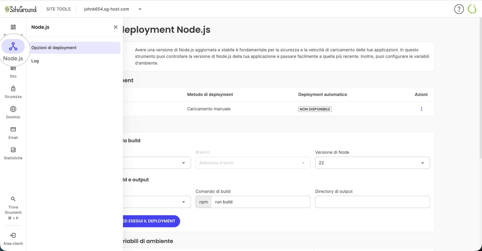 Sezione Node.js in Site Tools di un progetto Node.js