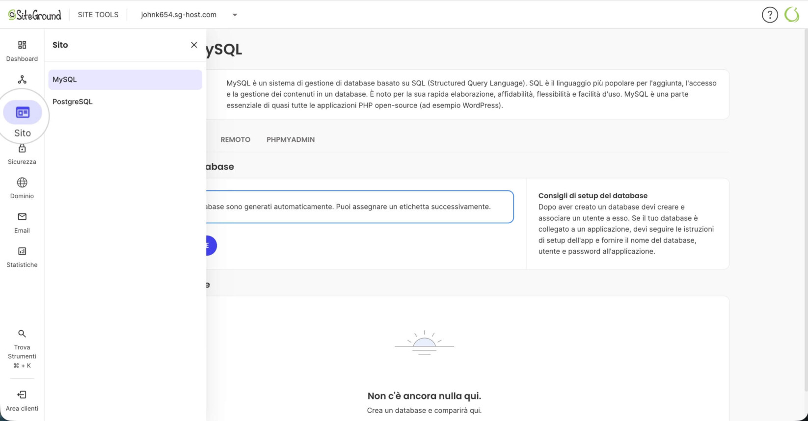 Sezione Sito dei Site Tools di un progetto Node.js dove puoi gestire i database