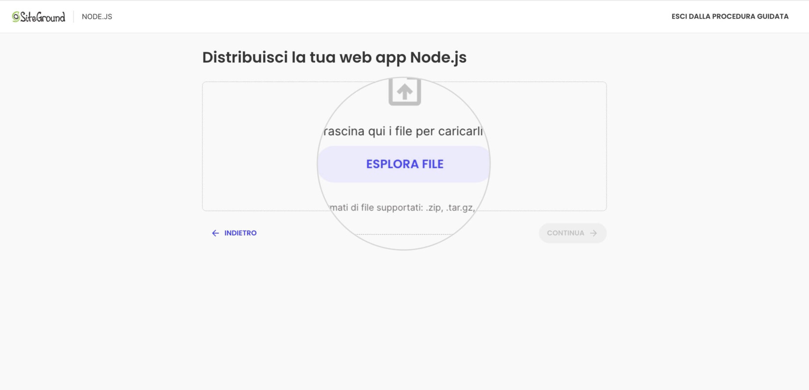 Pulsante Esplora file che appare dopo aver selezionato Carica i tuoi file per un nuovo progetto Node.js