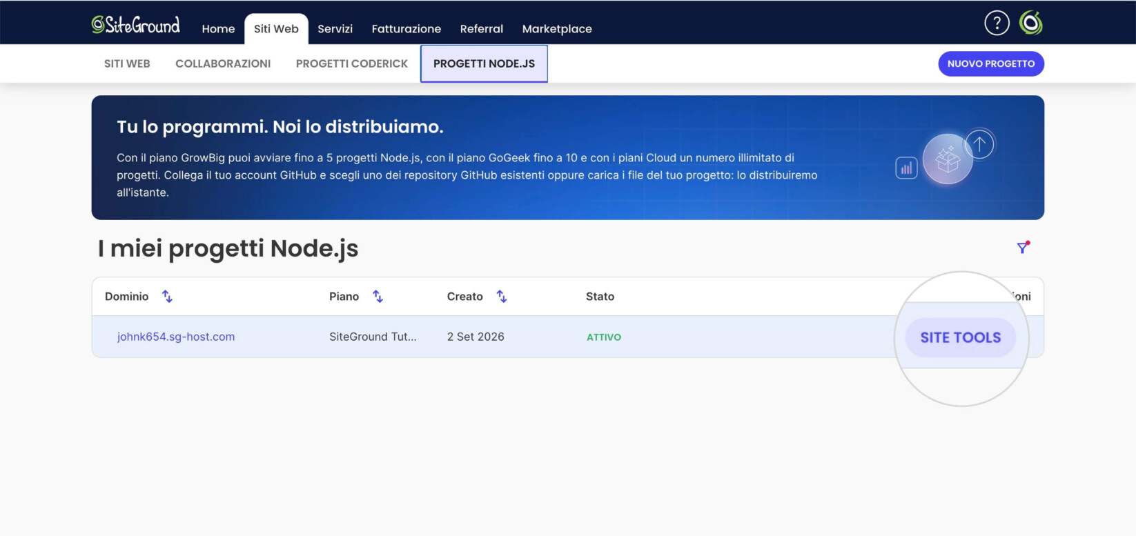 Sezione Progetti Node.js nell'Area Clienti SiteGround che mostra un pulsante Site Tools evidenziato per un progetto