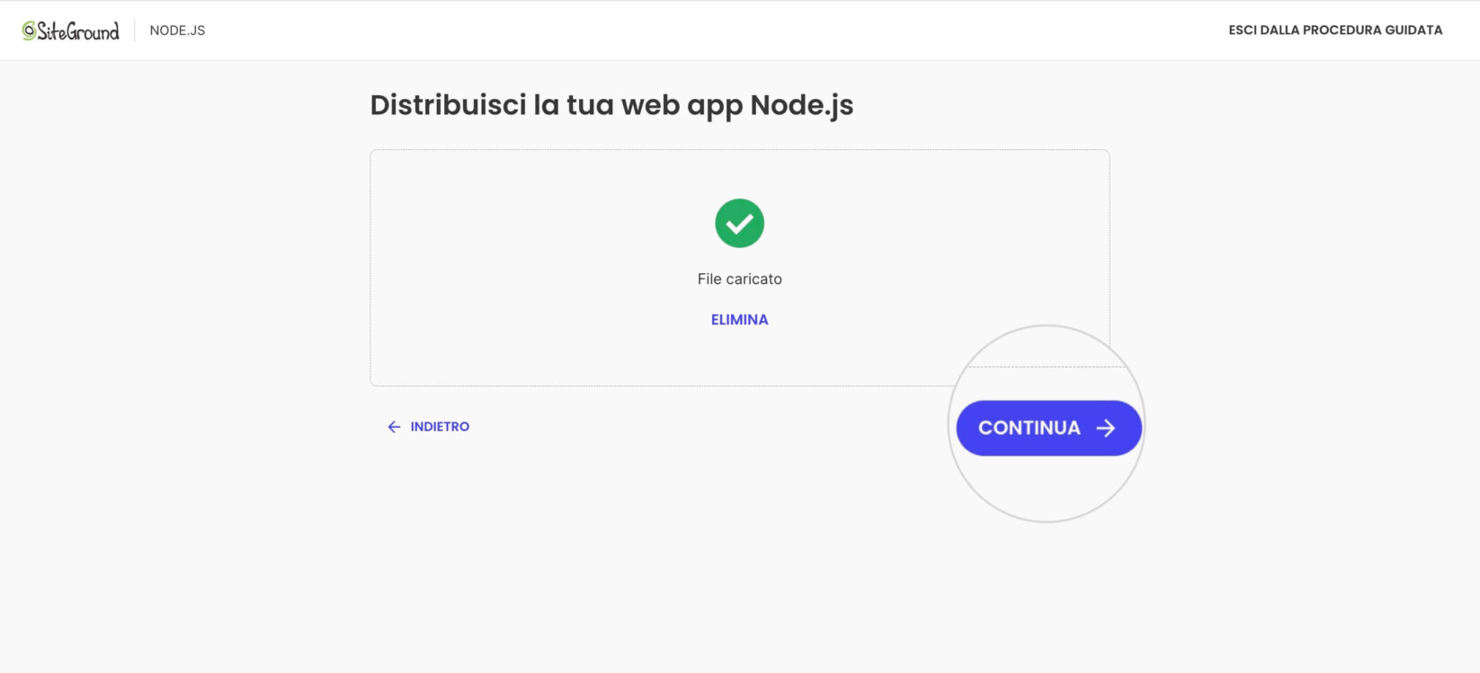 Una pagina dell'installazione guidata per un nuovo progetto Node.js dopo il caricamento di un archivio manuale. Il pulsante Continua è evidenziato