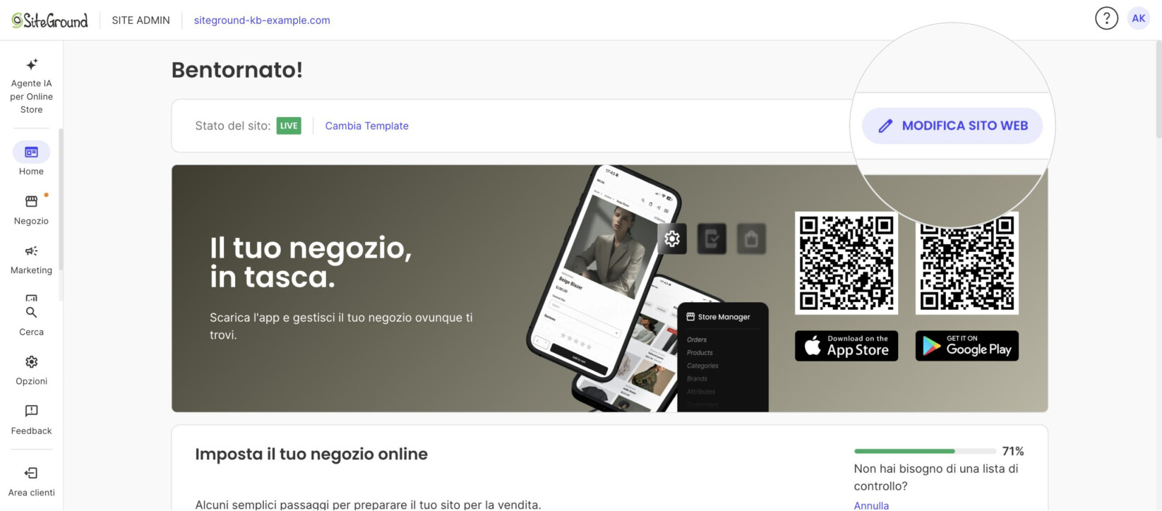 Pagina iniziale di Site Admin con il pulsante Modifica sito web ingrandito nella barra Stato del sito