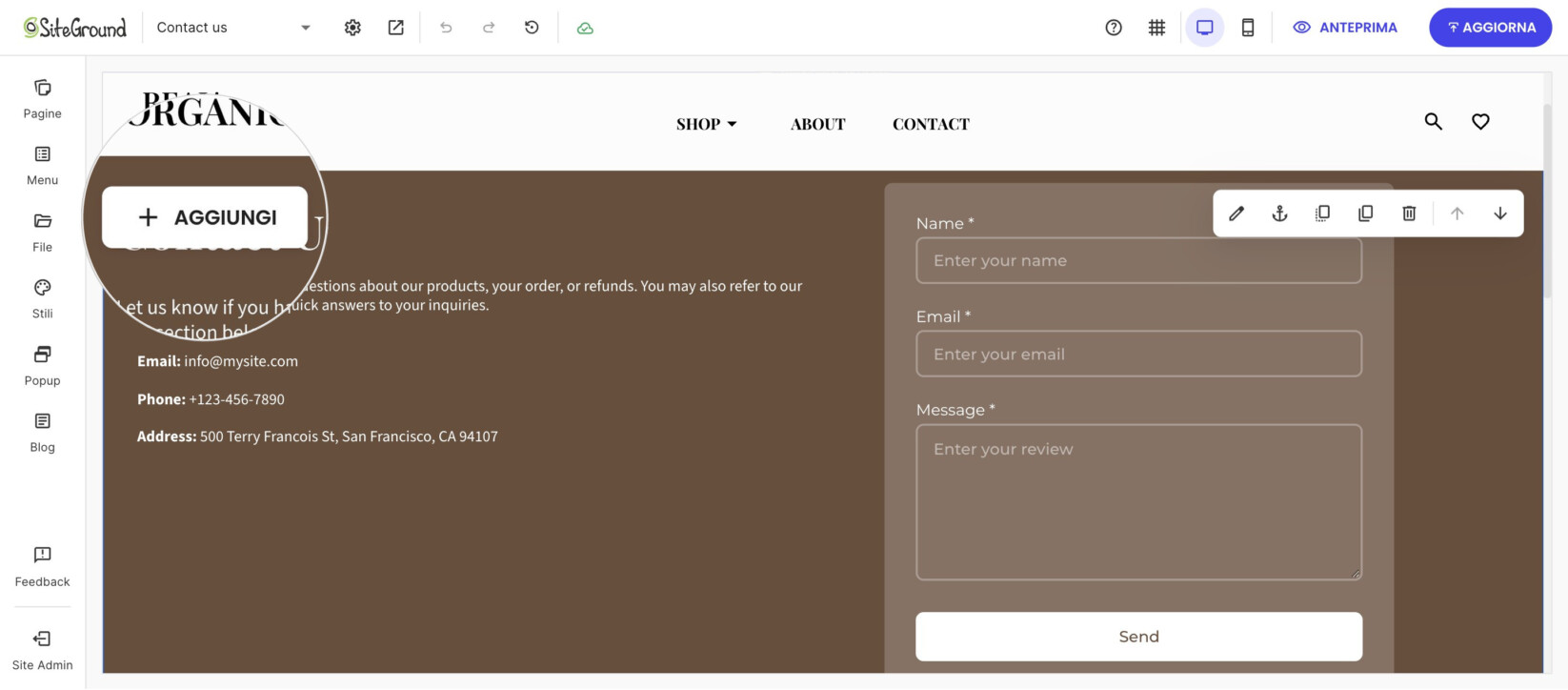Pagina Contatti nel Website Builder con il pulsante + AGGIUNGI ingrandito in alto a sinistra nella sezione