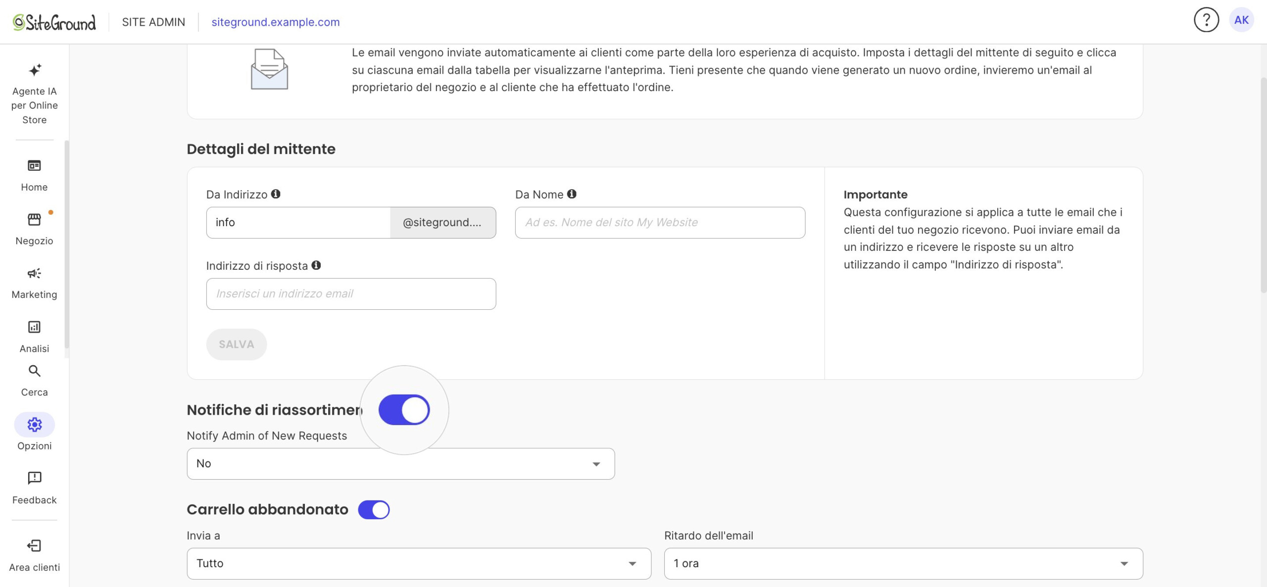 Email di sistema con l'interruttore Notifiche di riassortimento attivo e ingrandito; il valore attuale è No