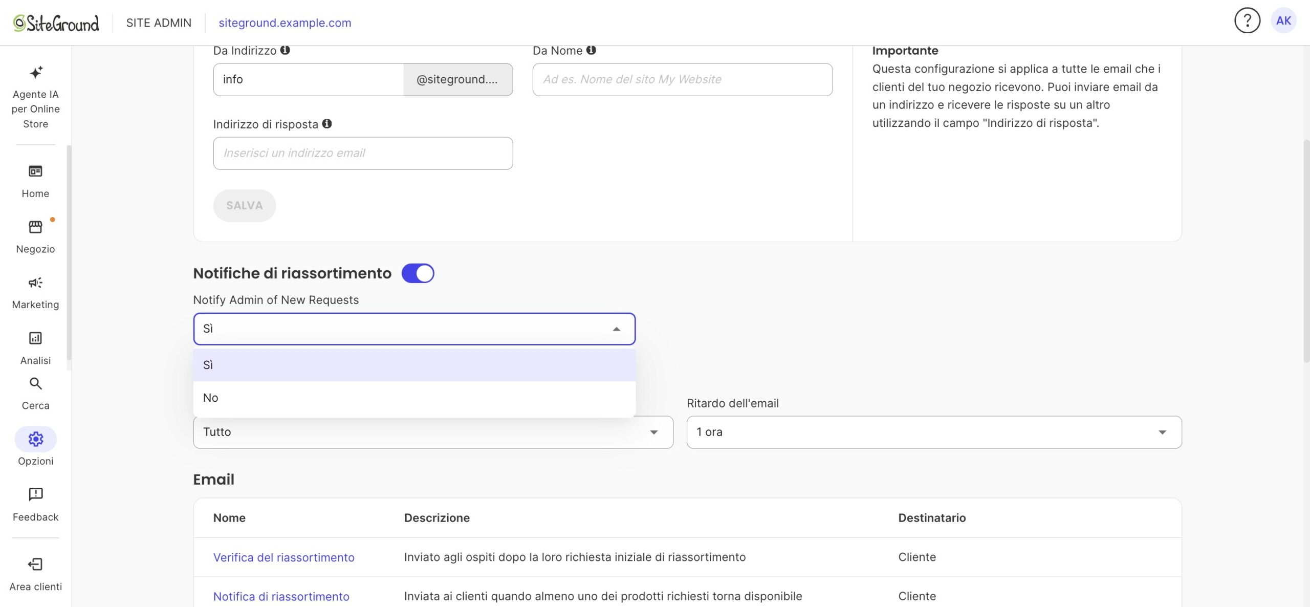 Menu Notify Admin of New Requests aperto con le opzioni Sì e No; Sì è selezionato