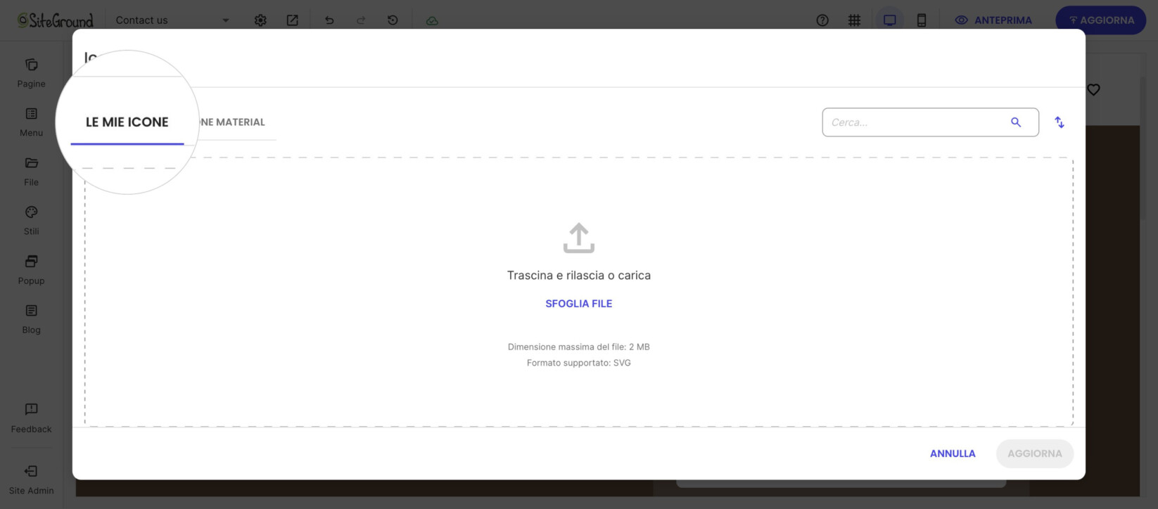 Galleria Icone nella scheda Le mie icone, con un’area di caricamento drag-and-drop per file SVG fino a 2 MB