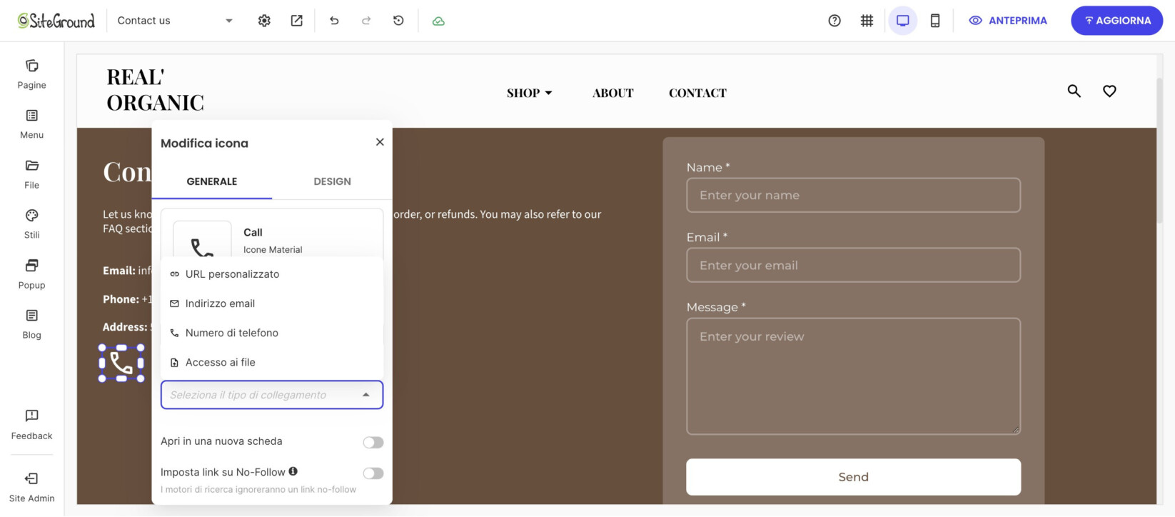 Menu Tipo di collegamento aperto: URL personalizzato, Indirizzo email, Numero di telefono e Accesso ai file