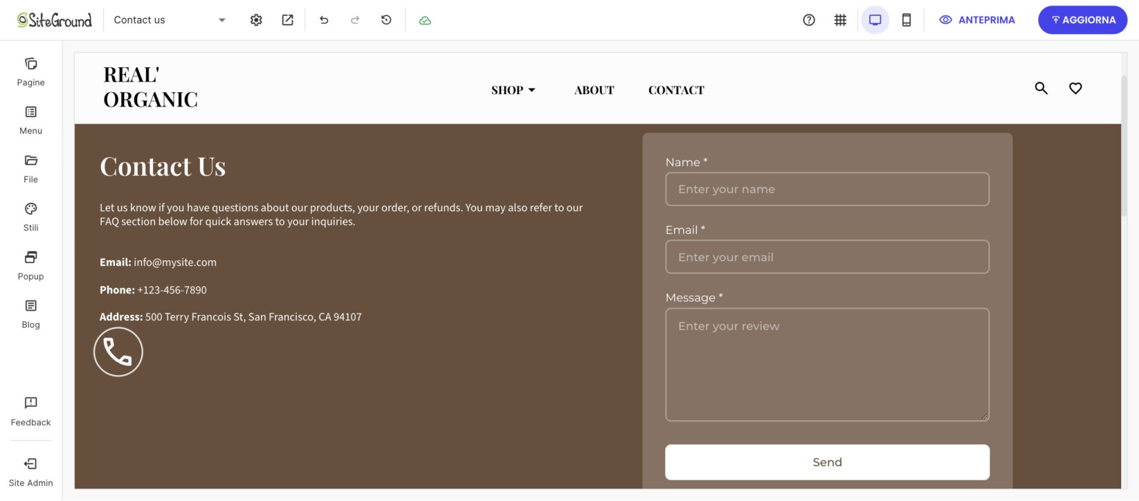 Pagina Contatti con un’icona del telefono bianca sotto email, telefono e indirizzo