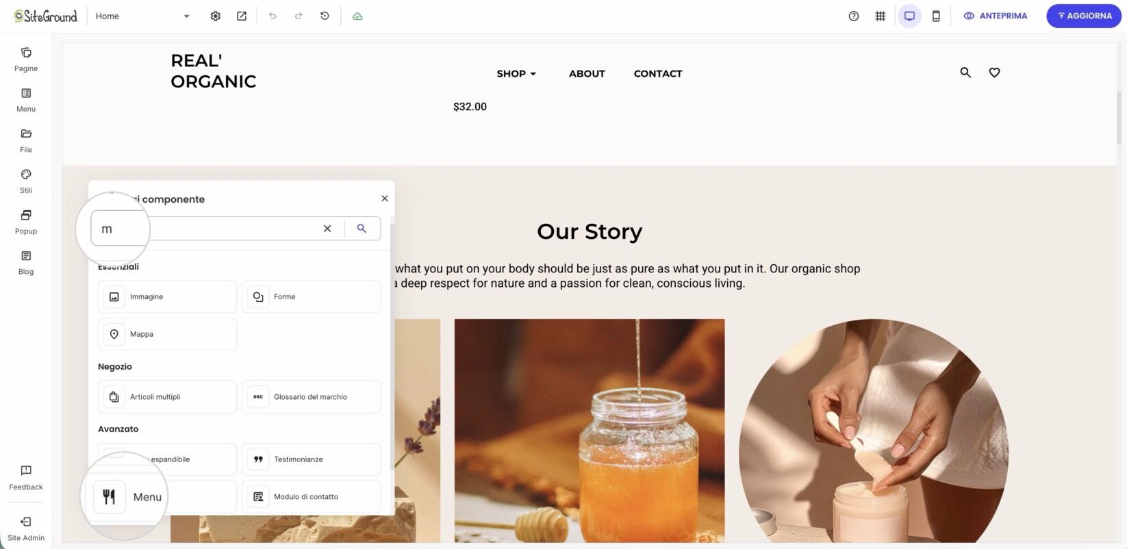 Seleziona il componente menu dal pop-over.