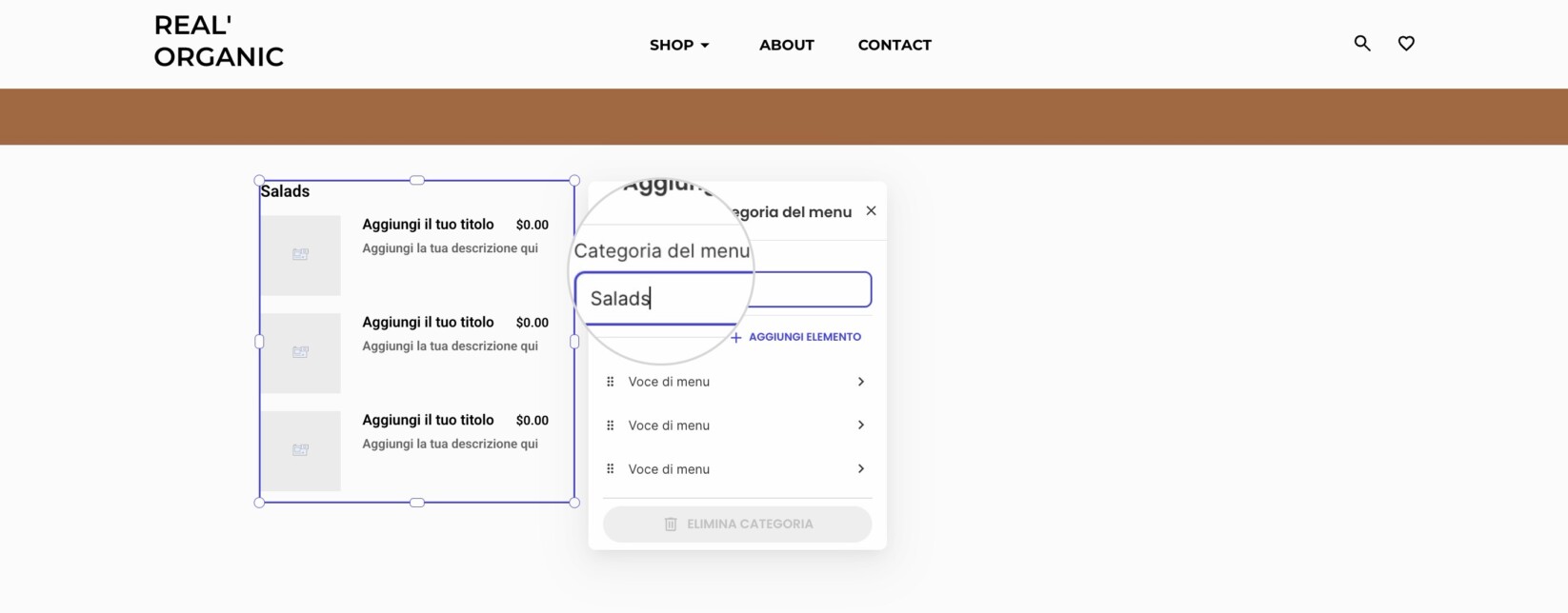 Nel prossimo pop-over, scrivi il nome della categoria del menu.