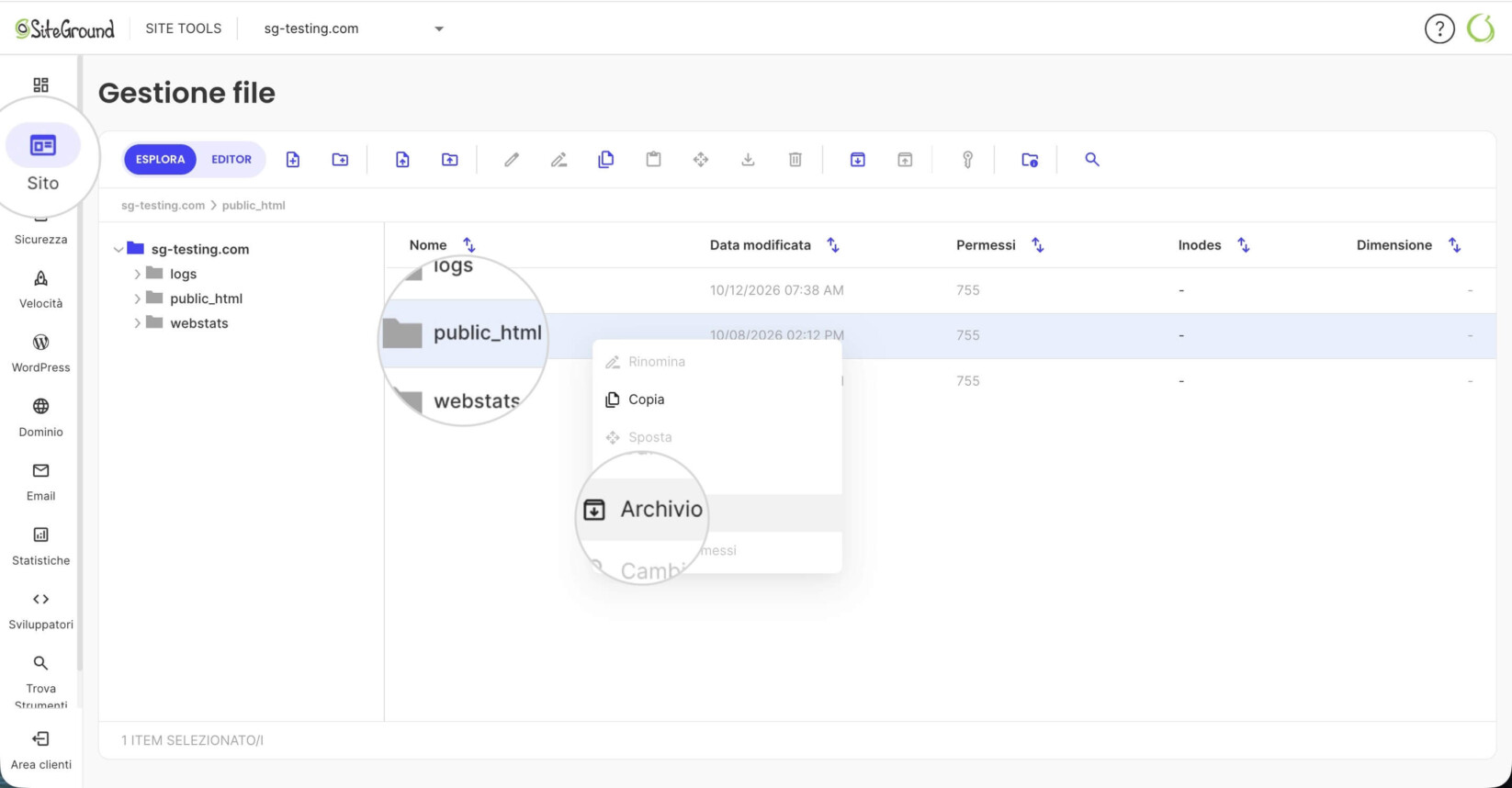 Gestione File in Site Tools dove la cartella public_html è contrassegnata ed è selezionato Archivia