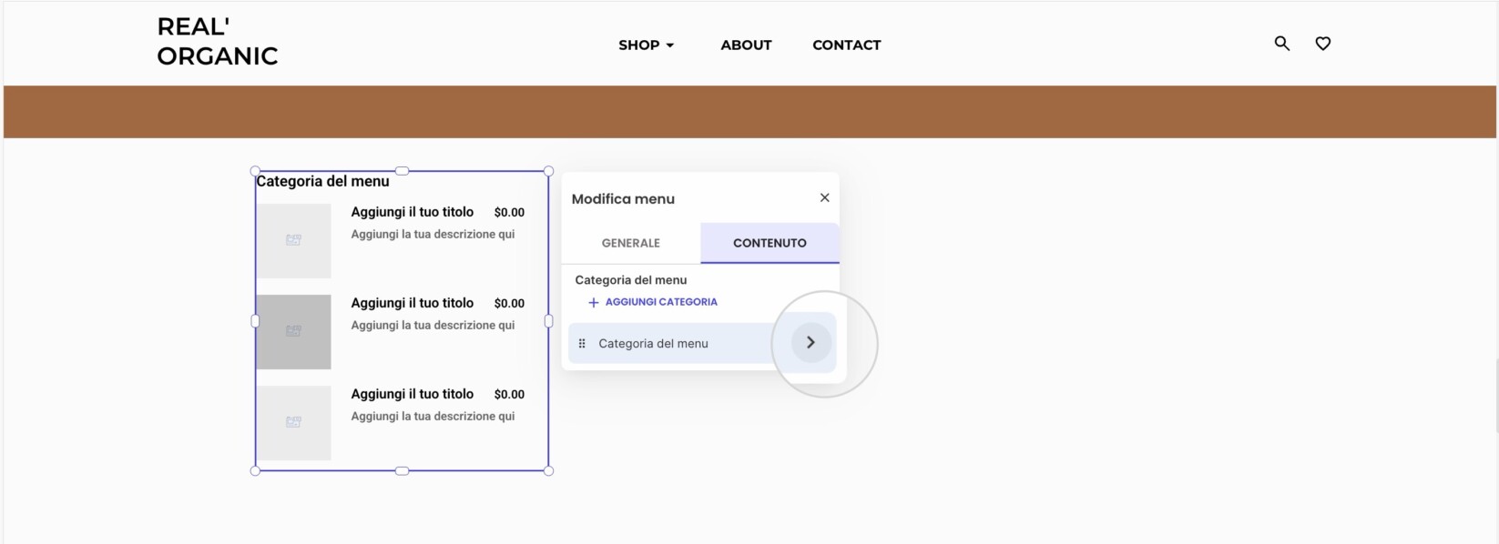 ai clic sulla freccia per andare a una specifica categoria del menu