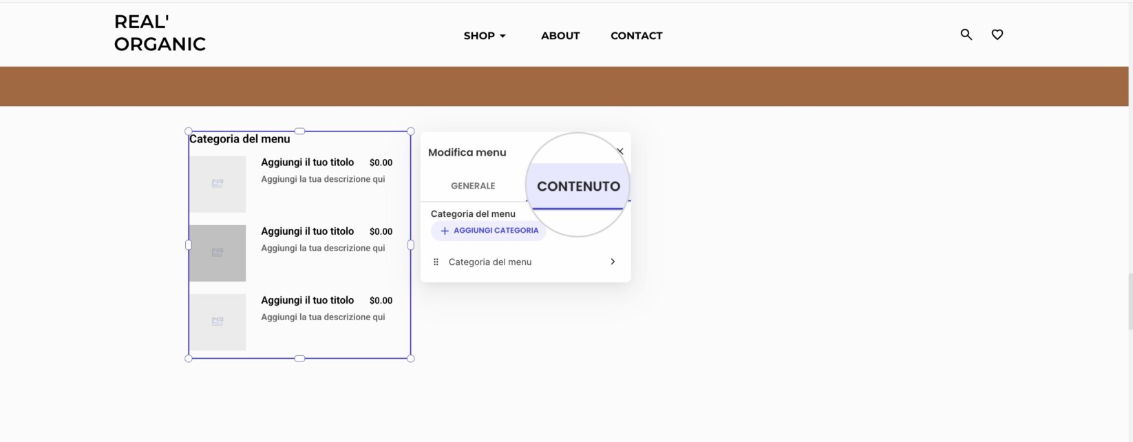modificare il componente del menu del ristorante utilizzando le impostazioni del contenuto