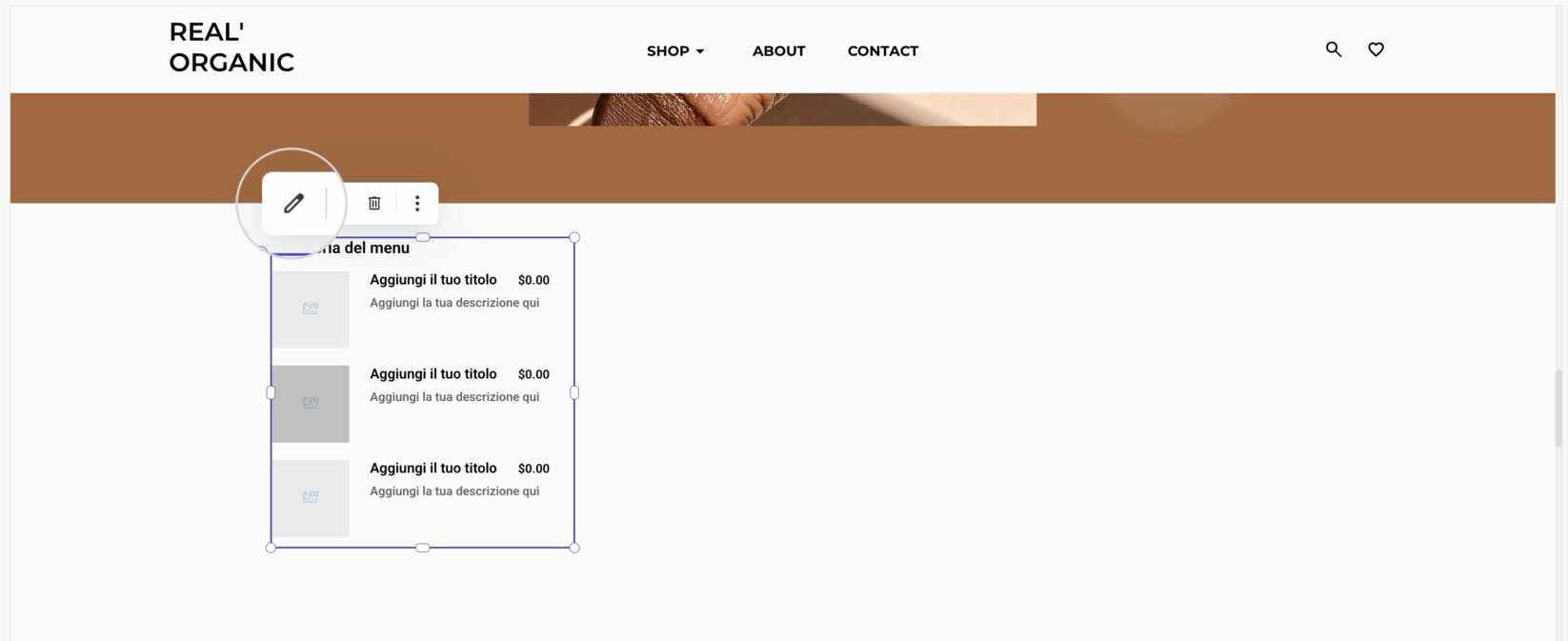 modificare il componente Menu del ristorante dalle impostazioni generali