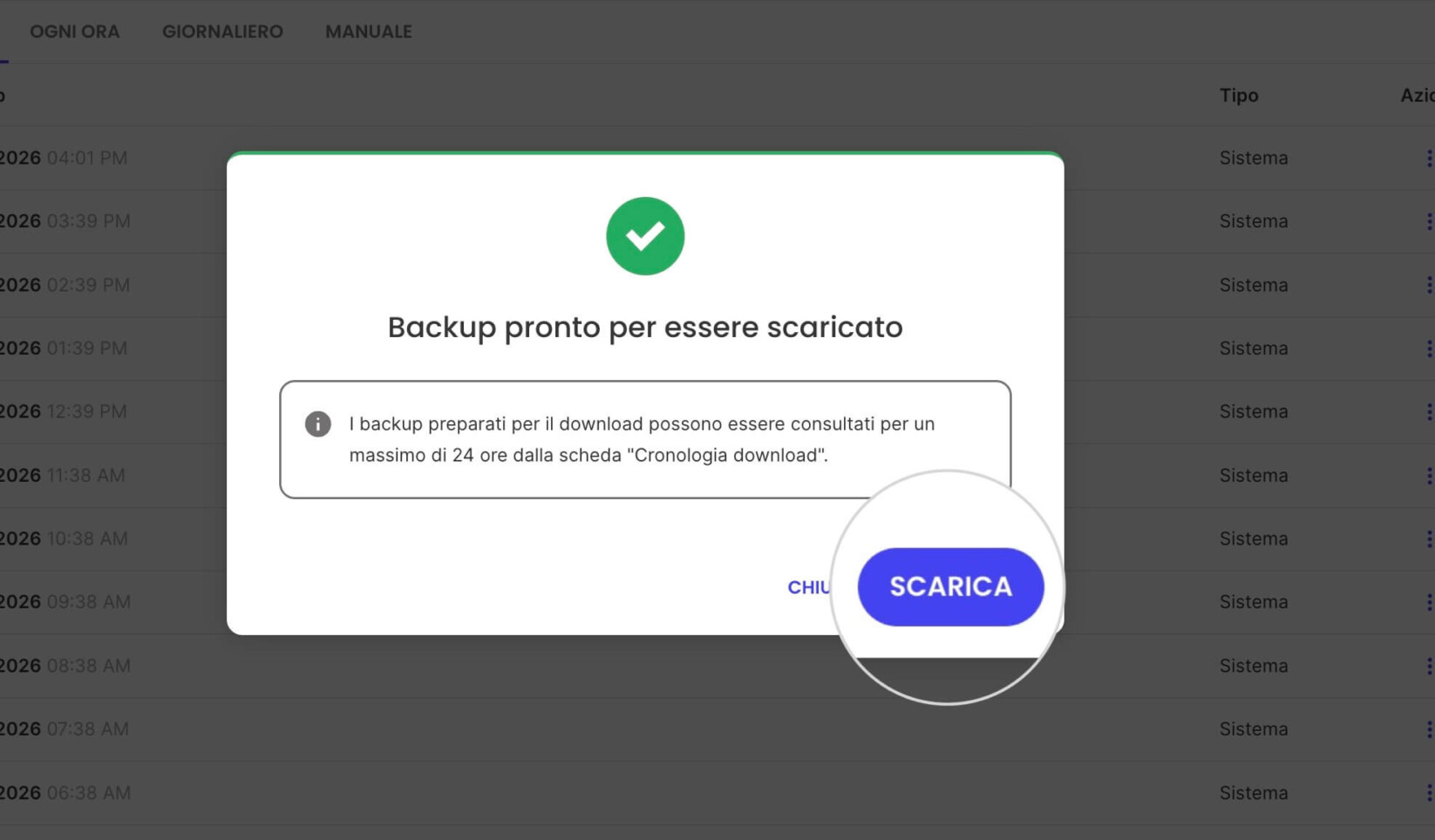 Una finestra di conferma per il download di un backup da Backup in Site Tools