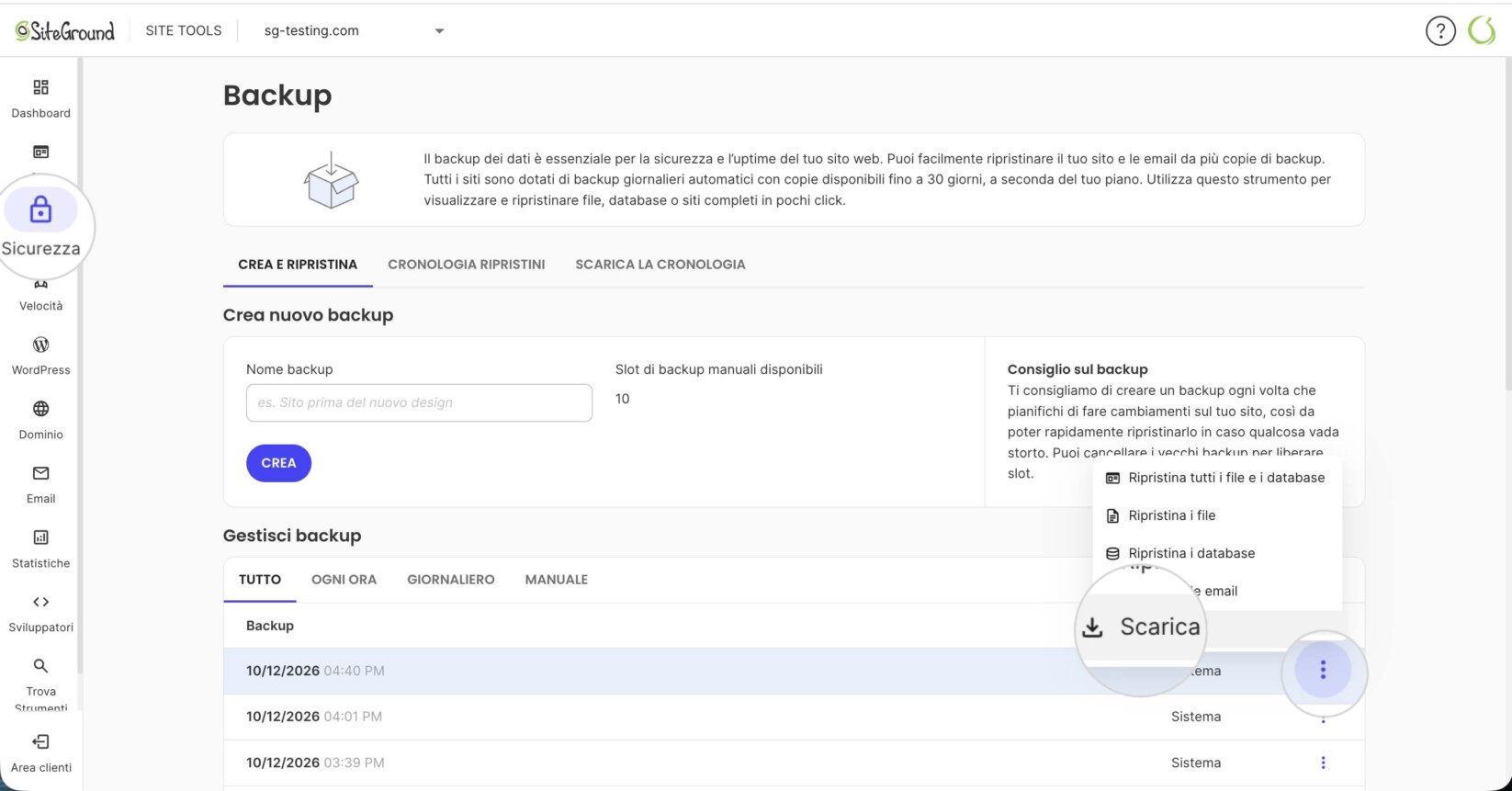 Dashboard di Site Tools in SiteGround dove è selezionato il pulsante Scarica per un backup dalla sezione Backup
