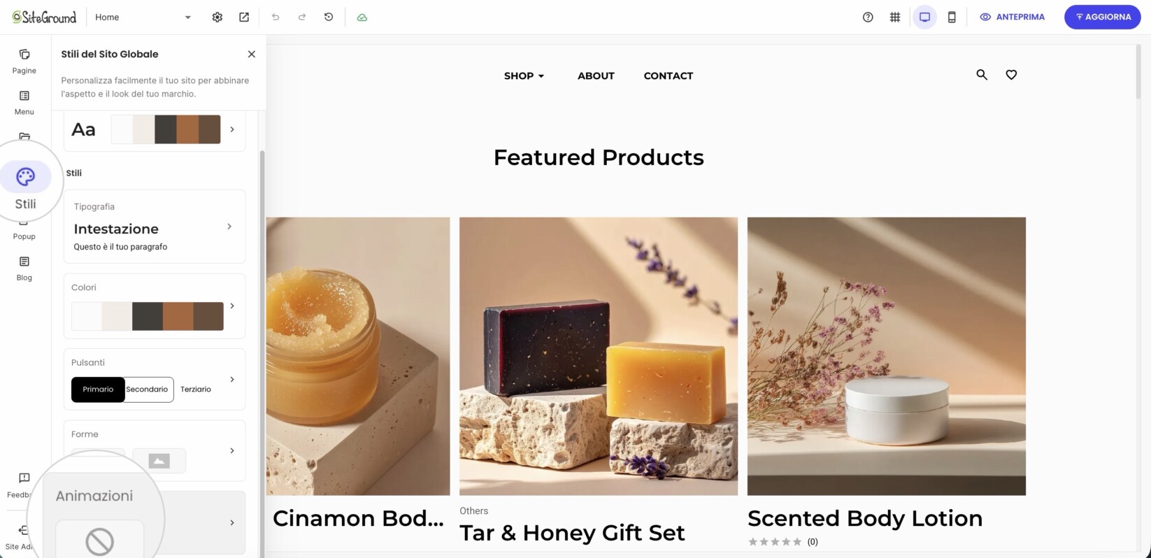 Applicare le animazioni SiteGround Website Builder