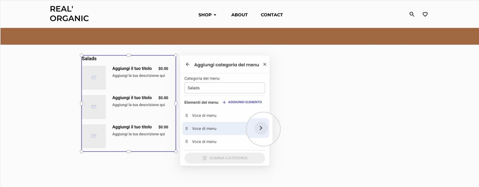 Per modificare un elemento del Menu, passa il mouse sopra un elemento esistente e fai clic sulla freccia (>).